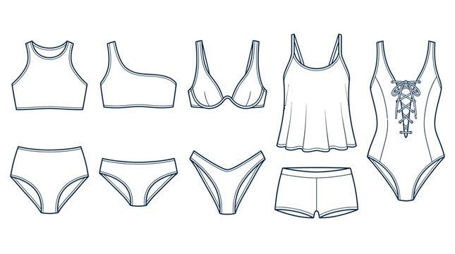 Stylish women's beachwear collection in line art, featuring diverse bikini styles, one-piece swimsuits, and tankini designs for summer fashion projects