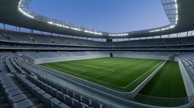 Modern football stadium with empty seats at dusk