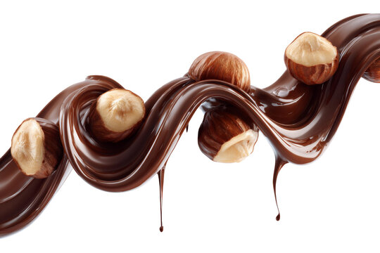 Glossy chocolate ribbon with hazelnuts and dripping sauce isolated on transparent background