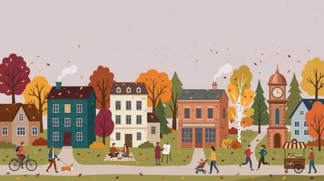 Vibrant autumn day in a charming town park where diverse people enjoy leisurely outdoor activities amidst colorful trees and falling leaves, with quaint buildings lining the background