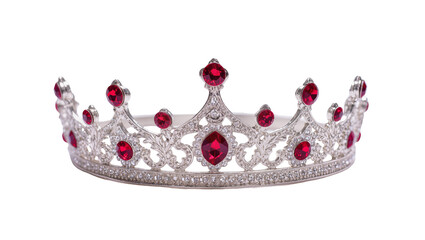 Ornate silver tiara with red gemstones and clear crystals, isolated on transparent background © Maria