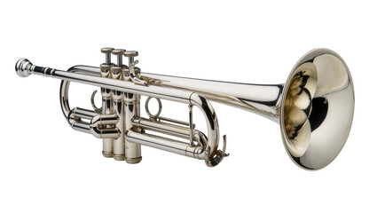 Obraz premium Shiny silver trumpet with valves and bell, isolated on transparent background