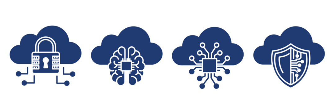 Cloud Security Technology Icon Set Network Protection Cyber Data Safety Business Elements glyph style
