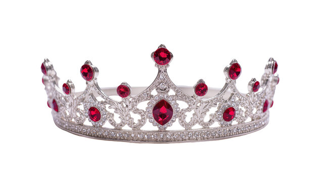 Ornate silver tiara with red gemstones and clear crystals, isolated on transparent background