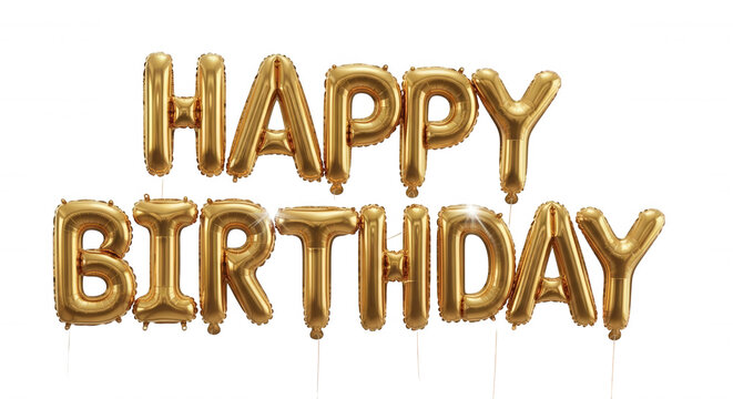 Gold foil balloon letters spelling happy birthday isolated on a black background, metallic texture with reflective highlights and thin