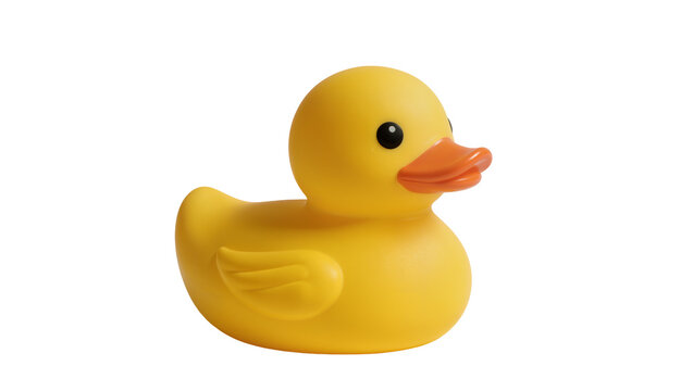 Classic yellow rubber duck toy with orange beak, isolated on transparent background