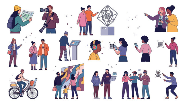 Modern Leisure and Culture Diverse people exploring museums, art, and technology for urban tourism and recreation in flat vector illustrations