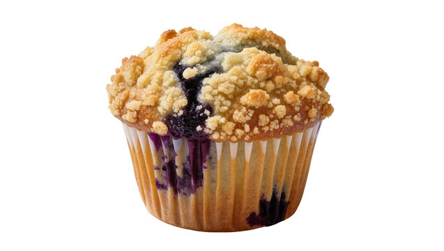 Golden brown blueberry muffin with streusel topping, isolated on transparent background