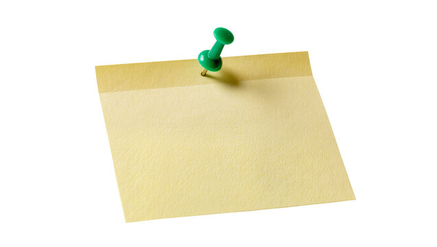Yellow sticky note with green pushpin, isolated on transparent background