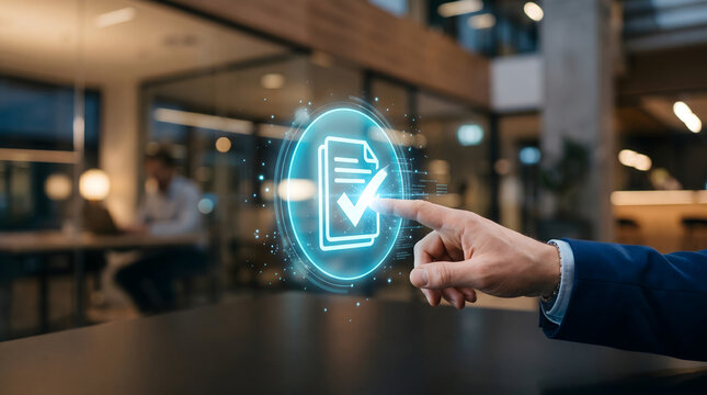 Hand pressing holographic document icon with checkmark representing document submission or approval in a digital interface