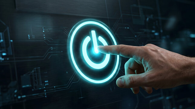 Hand pressing holographic power button icon representing device activation or system start in a futuristic interface