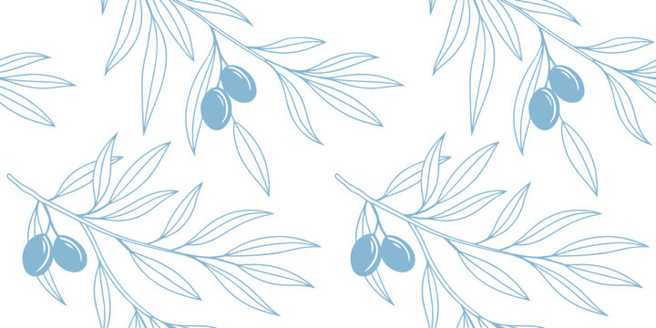 Seamless olive branch pattern in soft blue tones with delicate line art leaves and olives. Elegant botanical repeating background ideal for packaging textiles kitchen and Mediterranean themed 