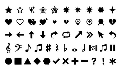 Naklejka premium Diverse collection of black silhouette symbols and icons for graphic design projects