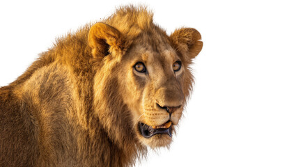 Majestic lion head with golden mane detailed fur texture, isolated on transparent background © Maria