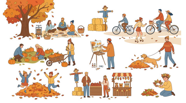 Vibrant collection of people enjoying diverse outdoor autumn activities, including pumpkin picking, cycling, picnicking, and playing in colorful fall leaves, celebrating the season's joy and harvest