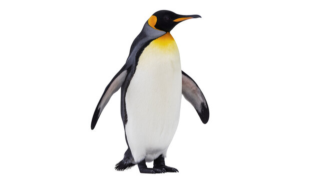 King penguin with black and yellow plumage, standing upright isolated on transparent background
