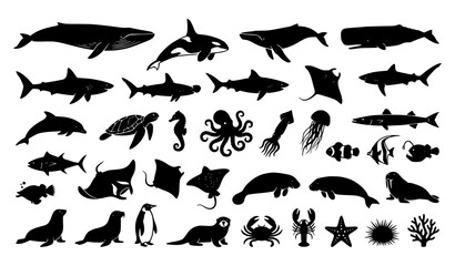 Fototapeta premium Marine life silhouette collection whales sharks fish and ocean creatures vector illustration