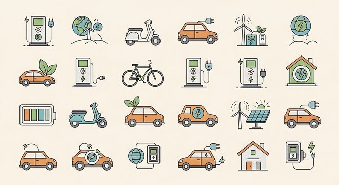 Electric Vehicle and EV Charging Icon Set &ndash; Editable Line Style