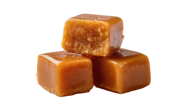 Three chewy caramel candies stacked, isolated on transparent background