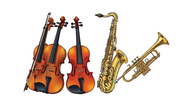 Vintage brass and wooden string instruments set, violin, viola, cello, double bass, and guitar