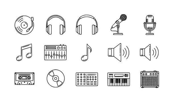 Linear music equipment icons set vinyl headphones microphones synthesizers speakers and audio devices