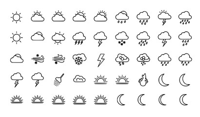 Fototapeta premium Weather icon set minimalist line art illustrations for forecasts applications and meteorological reporting