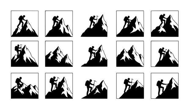 Fifteen black silhouette icons depicting mountain climbers ascending rugged peaks with ice axes