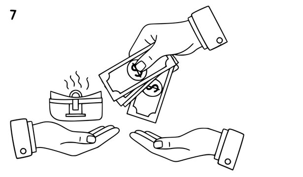 Financial transaction illustration hand delivering cash to recipient with open wallet