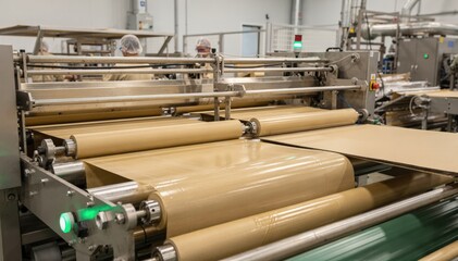 Naklejka premium Medium shot of a production line applying compostable biobased barrier coatings on packaging highlighting ecofriendly sustainable alternatives to traditional plastic films.