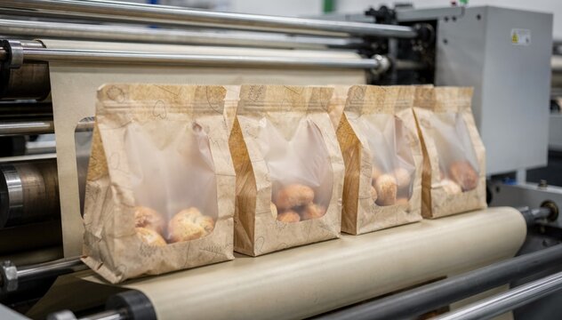 Medium shot capturing windowed bakery bags in production on a flexo press focusing on translucent diecut sections alongside printed logos for product visibility.