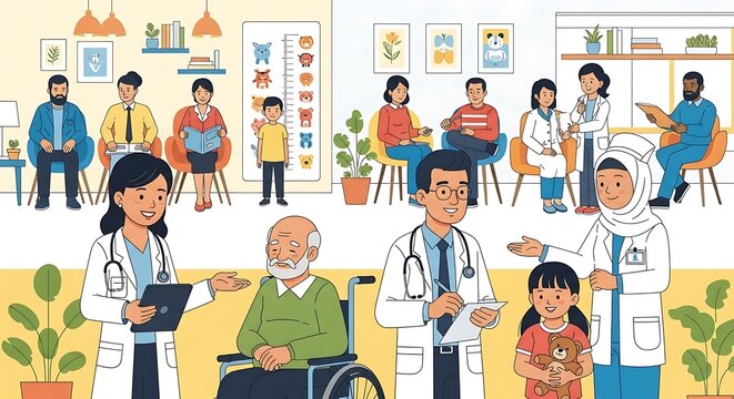 Doctors giving consultations to patients in clinics and hospitals. Family doc giving prescription and treatment, Flat cartoon character, vector in flat style