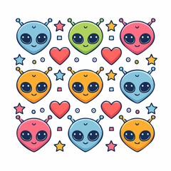 Fototapeta premium Cute Cartoon Aliens and Hearts Pattern
