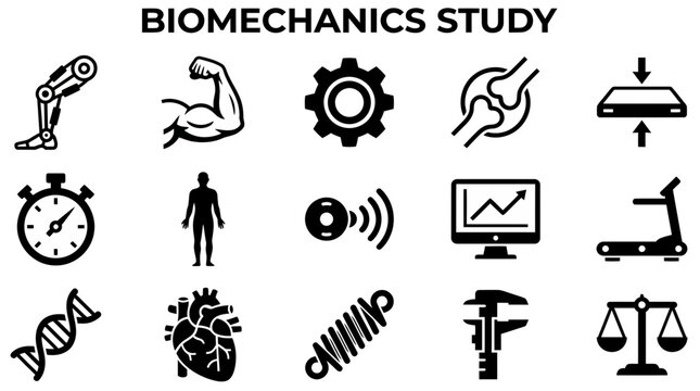 Collection of Biomechanics Study Icons Illustrating Human Anatomy, Motion, and Measurement Tools.