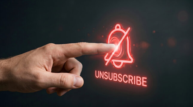 A finger pressing a flat holographic bell icon with the word 'Unsubscribe' below, representing digital subscription management and notification control