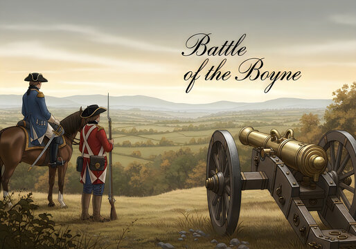 Historical illustration of the battle of the boyne with soldiers and a cannon overlooking a landscape