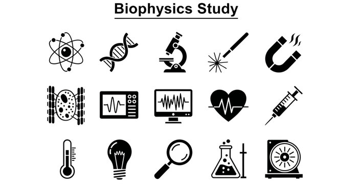 A collection of black and white icons representing various concepts and tools used in biophysics study and research.