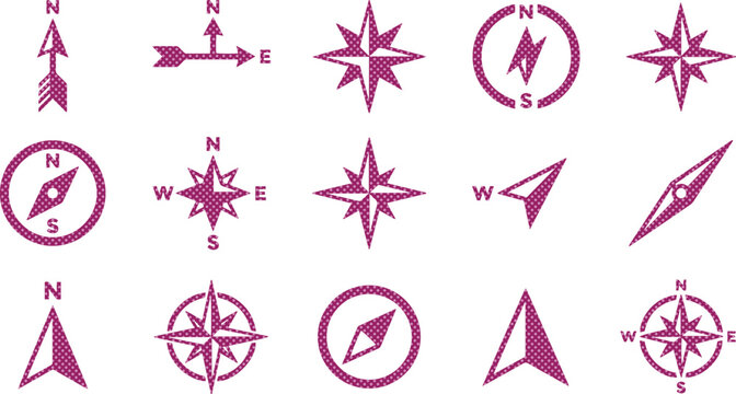 Vintage purple compass rose icons, set of 15 nautical navigation symbols, antique map wind rose vector elements for cartography and travel design isolated on White Background