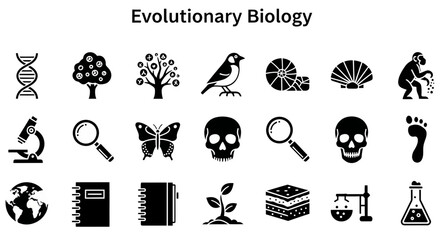 Collection of black and white icons representing various concepts and tools in evolutionary biology, including DNA, fossils, animals, plants, and scientific equipment. © Julian Vance