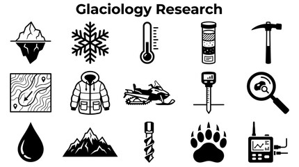 A collection of black and white icons representing various tools, elements, and concepts associated with glaciology research and arctic exploration. © Julian Vance