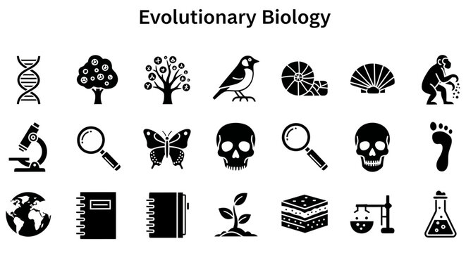 Collection of black and white icons representing various concepts and tools in evolutionary biology, including DNA, fossils, animals, plants, and scientific equipment.