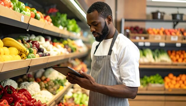 A man in a grocery store using a tablet amidst fresh produce