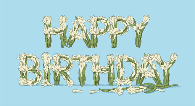 Happy birthday lettering crafted from detailed white tuberose flowers and green stems on a solid light blue backdrop.