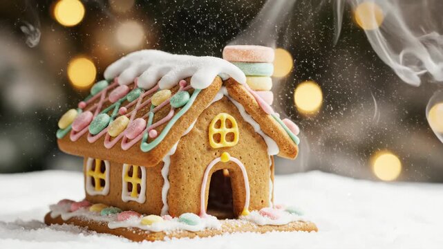 Festive gingerbread house decorated with candy and icing in snow. Homemade Christmas cookie with smoking chimney and bokeh lights background