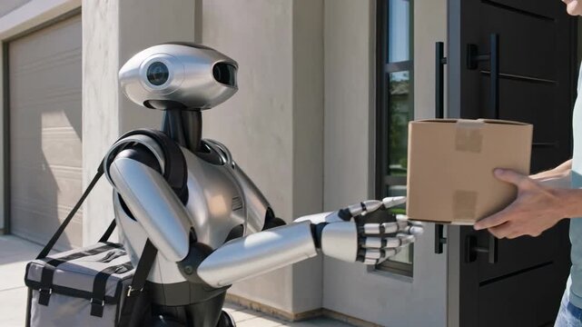 Autonomous Delivery Robot: A sleek, futuristic robot hands a package to a person at a doorway, symbolizing the next wave of automated logistics and contactless service.