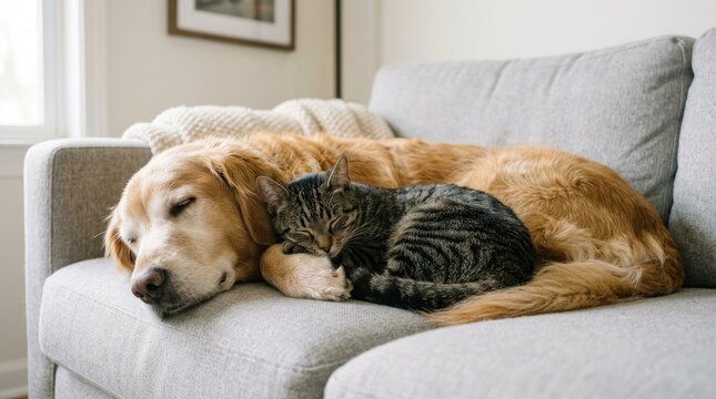 Heartwarming scene of a sleeping cat and dog on a couch