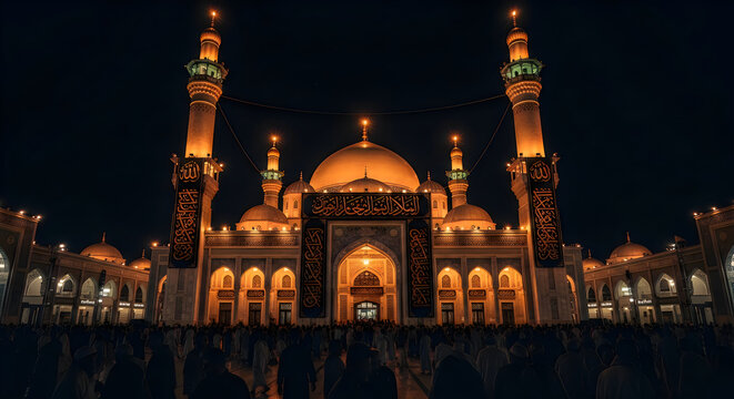Beautiful illuminated mosque building at night with glowing golden lights and tall minarets against dark sky