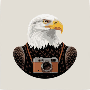 Bald Eagle Photographer with Vintage Camera Illustration