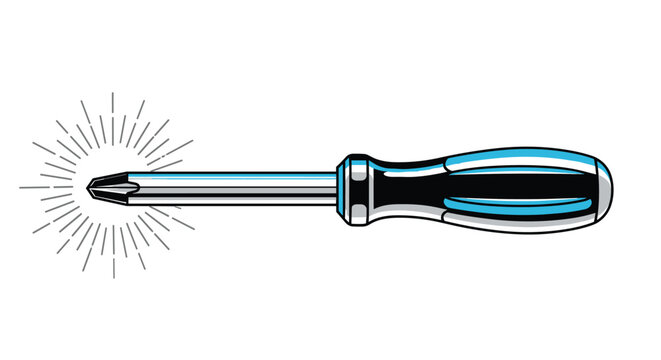 Modern philips head screwdriver illustration with blue and black handle features shining star effect at the metal tip.