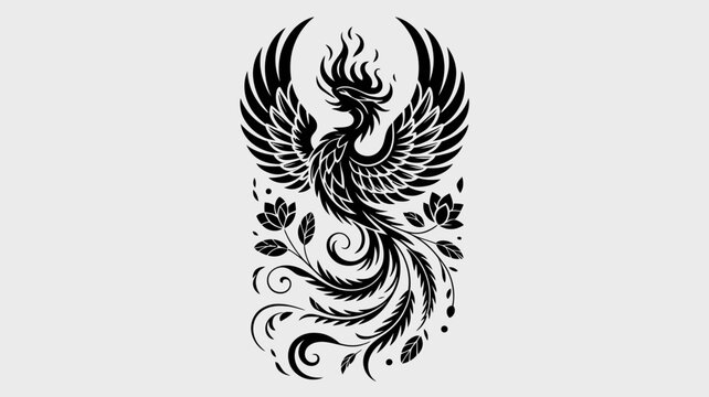 Mythical phoenix bird vector illustration, black tribal firebird silhouette with floral accents, majestic rising phoenix emblem for tattoo or logo design