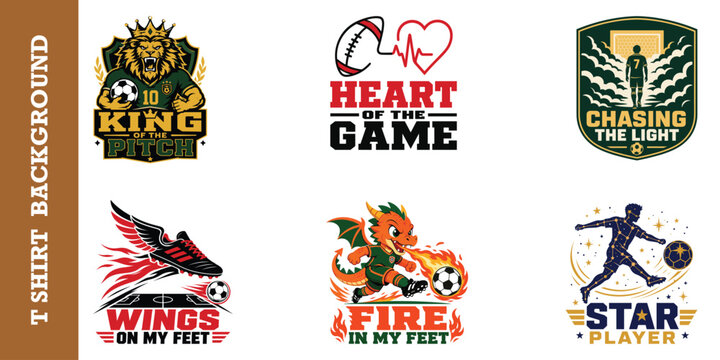 Mascot logo collection with king of the pitch lion and fire breathing dragon soccer stars.
